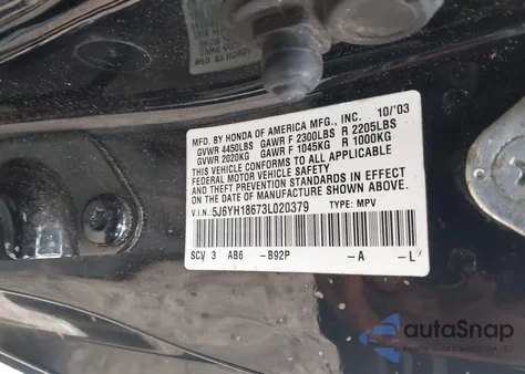 2003 Honda Element Ex from USA, damaged, VIN 5J6YH18673L020379